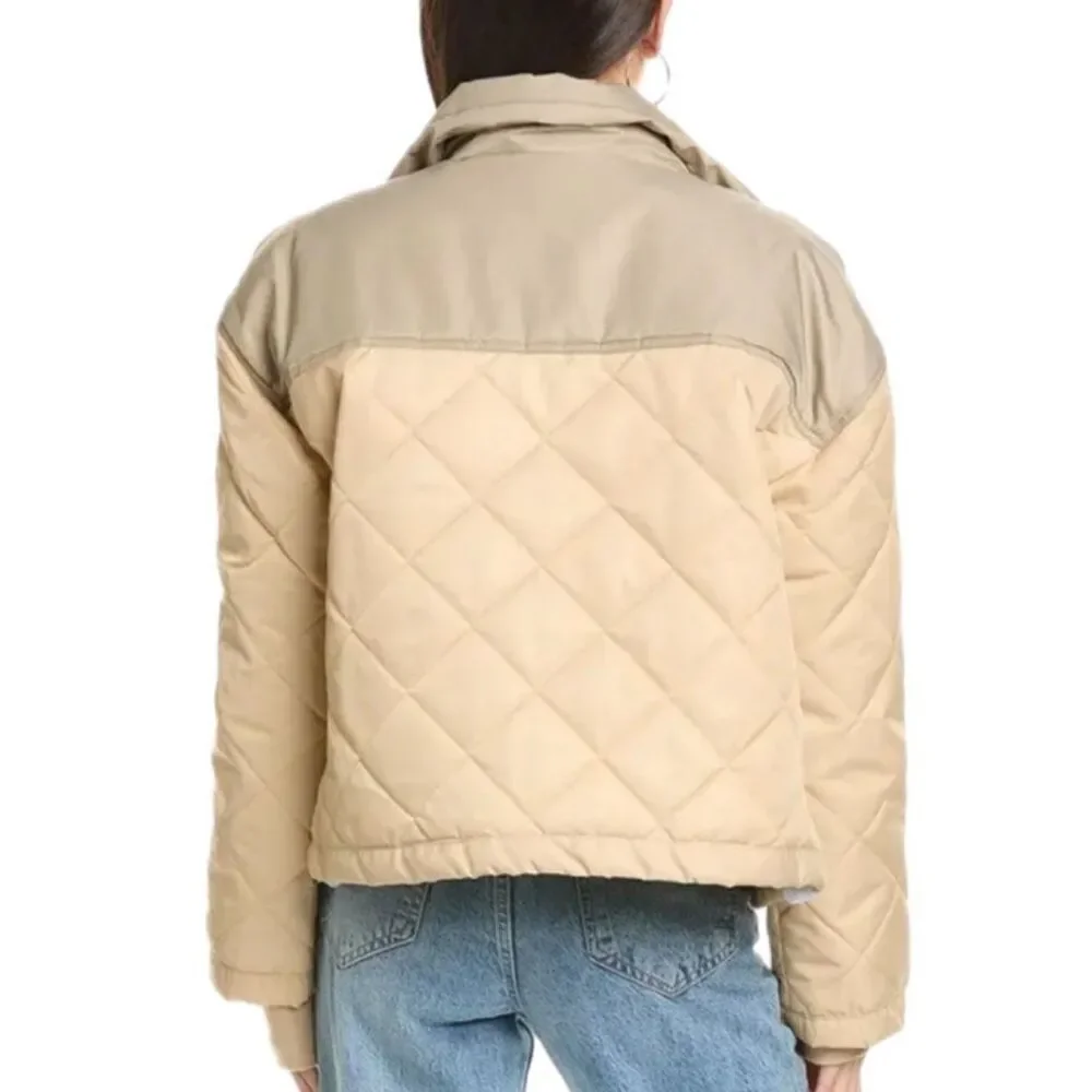 NWT WeWoreWhat Color Blocked Quilted Puffer Jacket in a muted sage/beige colorwa